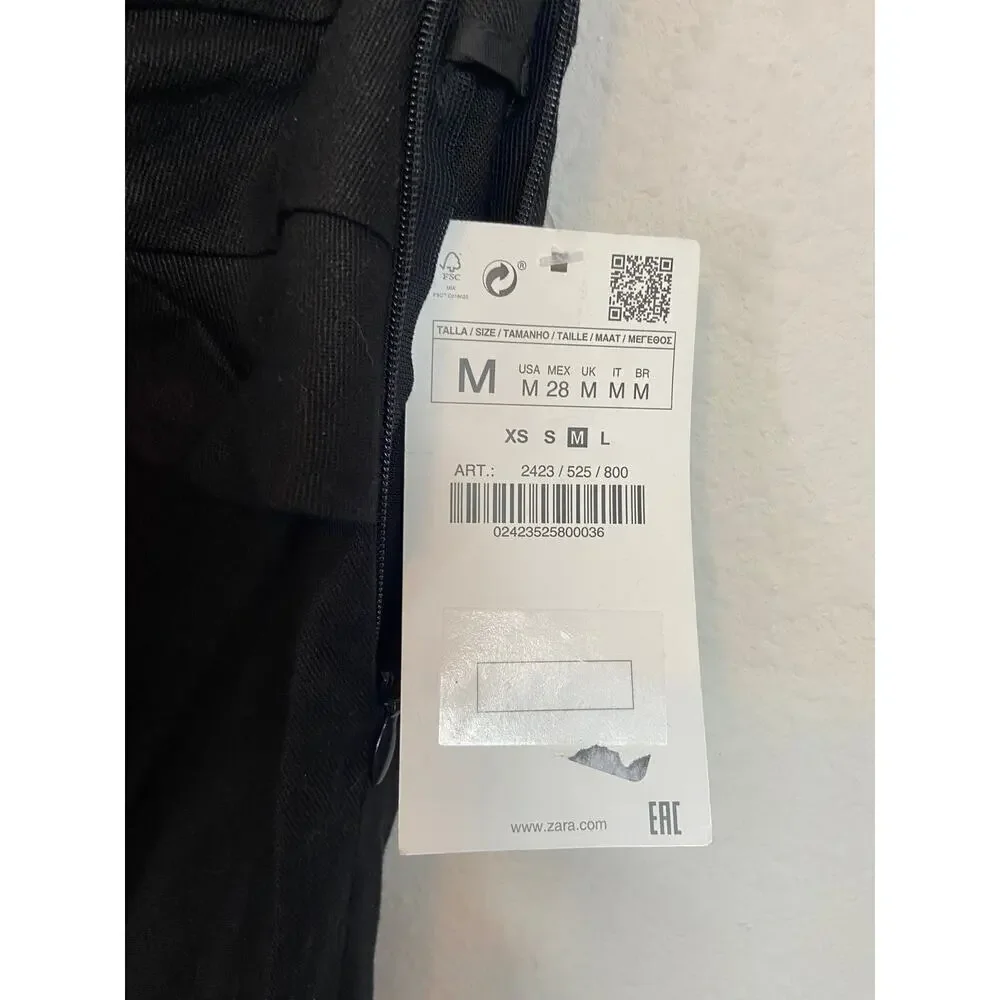 zara tie front straight leg black linen pants size M NWT